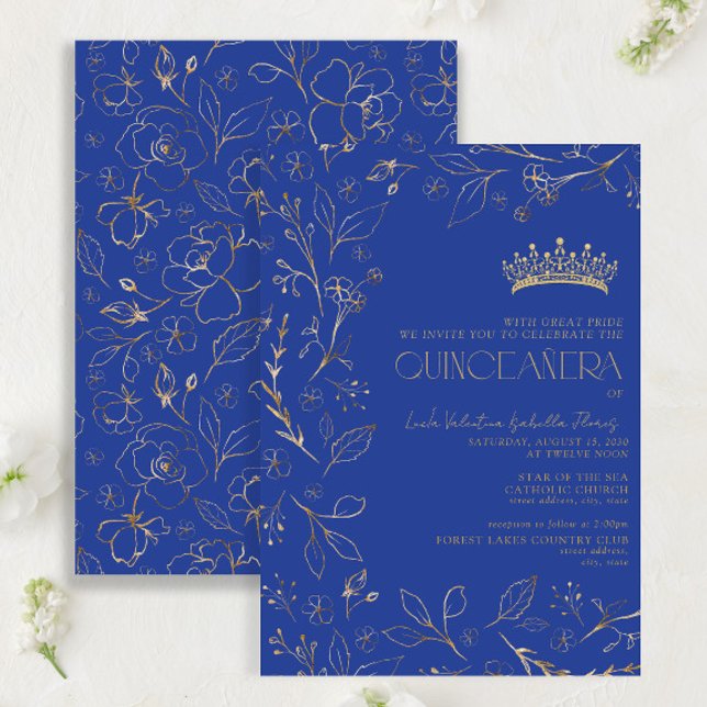 Invitation Moderne Royal Bleu Or Floral Tiara Quinceañera (Créateur téléchargé)