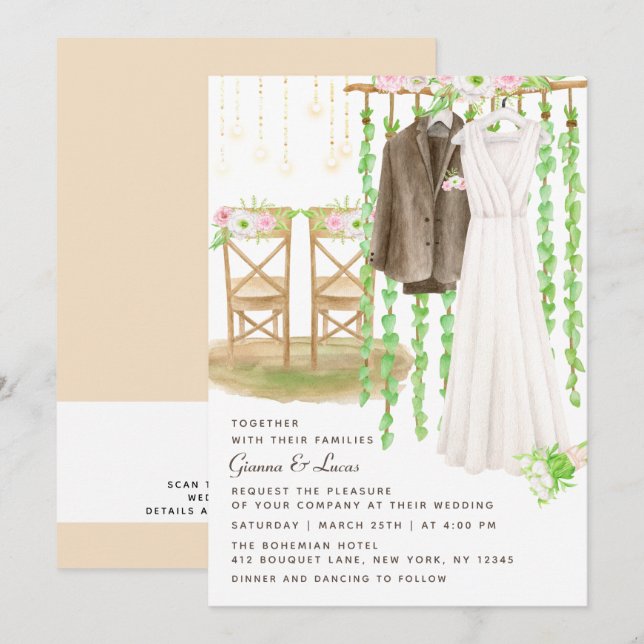 Invitation Moderne Rustique Aquarelle extérieure Mariage Flor (Devant / Derrière)