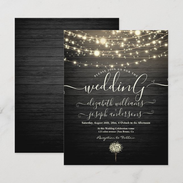 Invitation Moderne Rustique Bois & Lumières Blanches mariage  (Devant / Derrière)