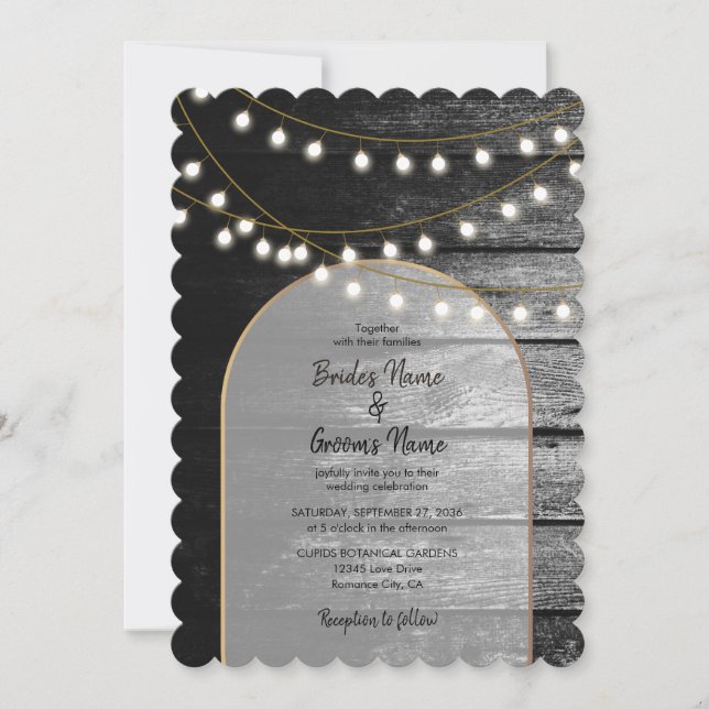 Invitation Moderne Rustique Noir Bois Lumière Arc Mariage (Devant)