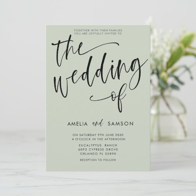 Invitation Moderne Sage Green Calligraphie Mariage de (Debout devant)