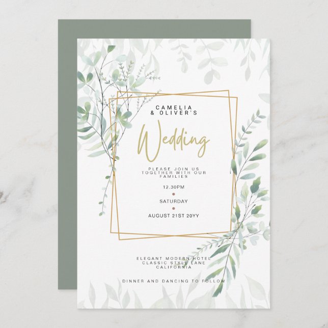 Invitation Moderne Sage Greenery Mariage QR Code RSVP Invitat (Devant / Derrière)