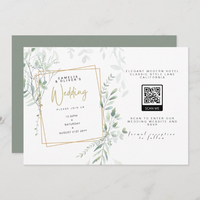 Invitation Moderne Sage Greenery Mariage QR Code RSVP Invitat (Devant / Derrière)