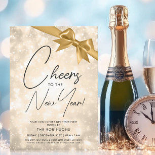 Invitation MODERNE Saint-Sylvestre Or Champagne Bokeh Arc Dor