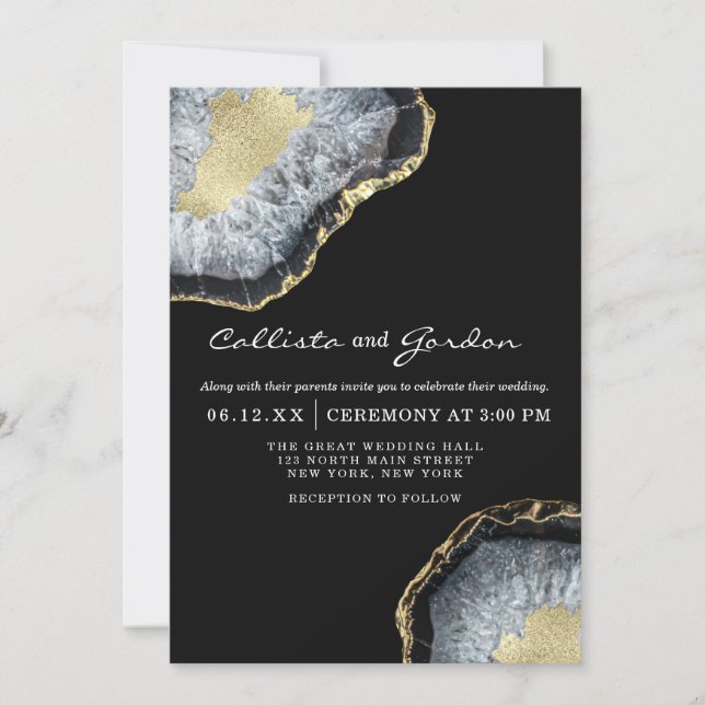 Invitation Moderne simple Black Gold Agate Mariage (Devant)