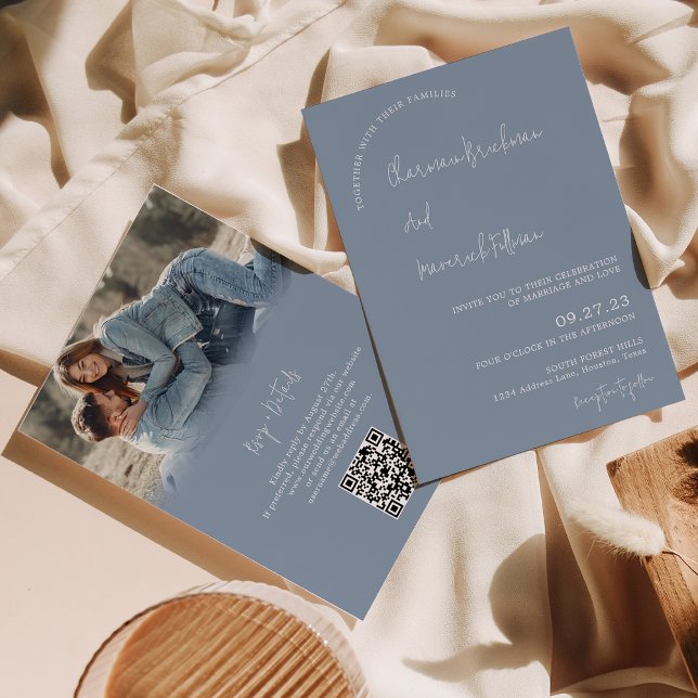 Invitation Moderne simple Dusty Blue RSVP QR code Mariage (Créateur téléchargé)