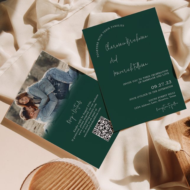 Invitation Moderne simple Emerald vert RSVP QR code Mariage (Créateur téléchargé)