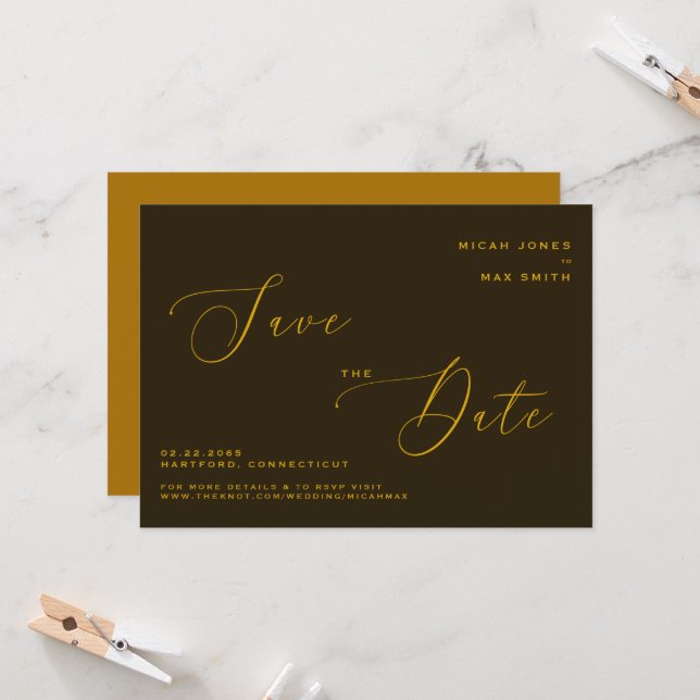 Invitation Moderne simple Enregistrer la date Brown & Or (Devant/Arrière en situation)