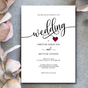 Invitation Moderne simple noir, blanc Mariage de coeur BURGUN