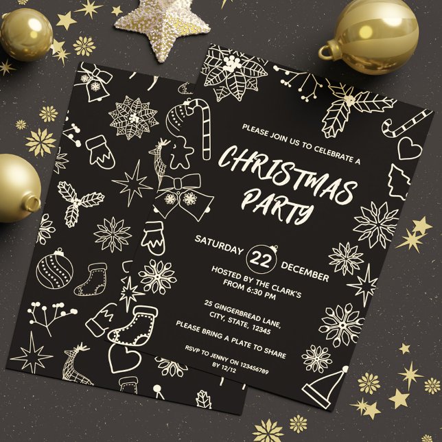 Invitation Moderne Simple Noir et Or Élégant Noël (Modern Simple Black and Gold Elegant Xmas Party Invitation)