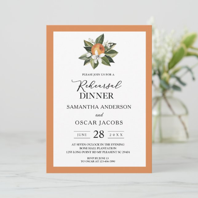 Invitation Moderne simple orange et feuille verte  (Debout devant)
