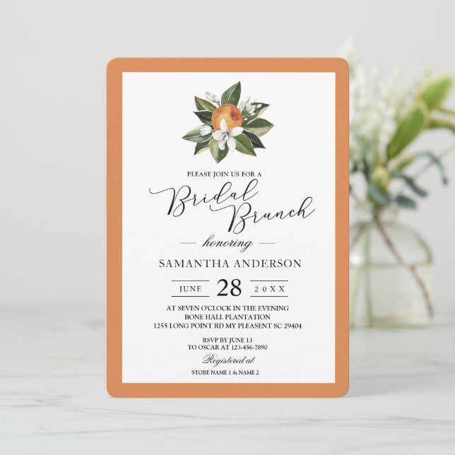Invitation Moderne simple orange et feuille verte  (Debout devant)