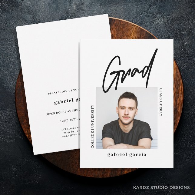 Invitation Moderne Simple Photo Script Graduation Party (Graduation Invitation shown in a 5x7-inch card. Personalize announcement with blue button section.)