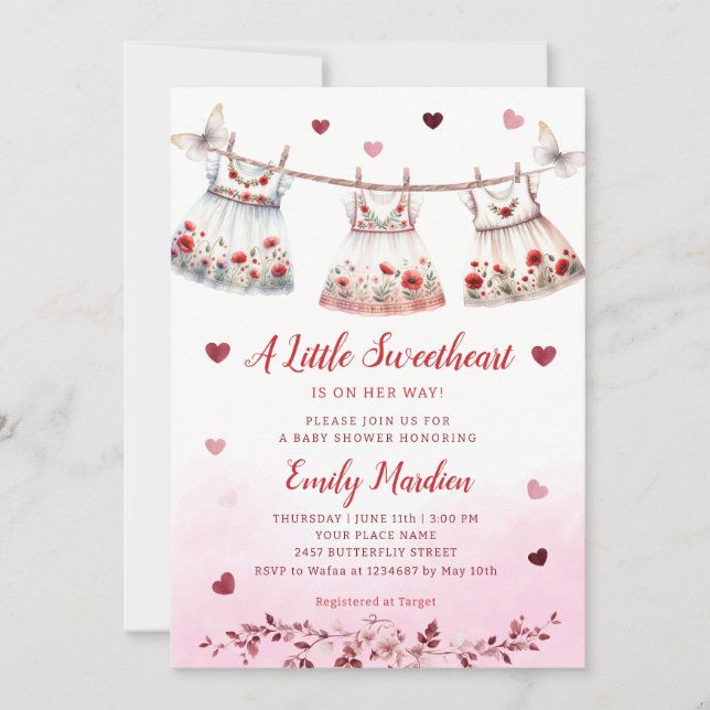 Invitation Moderne Simple rose Boho Vêtements Baby shower fil (Devant)