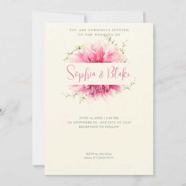 Invitation Moderne simple rose Floral encadré Mariage Jaune (Devant)