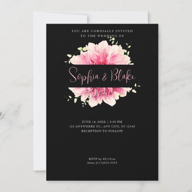 Invitation Moderne simple rose Floral encadré Mariage noir (Devant)