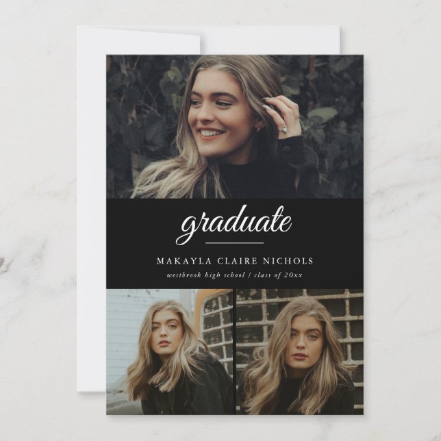 Invitation Moderne Simple Script Noir Trois Photo Graduation (Devant)