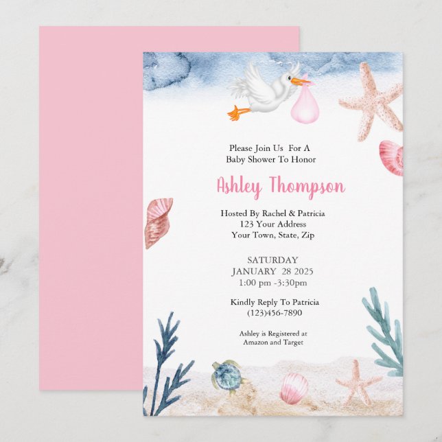 Invitation Moderne sous la cigogne rose (Devant / Derrière)