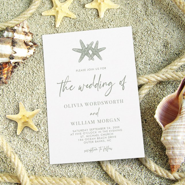 Invitation Moderne Starfish Beach Script Sage Green Mariage (Créateur téléchargé)