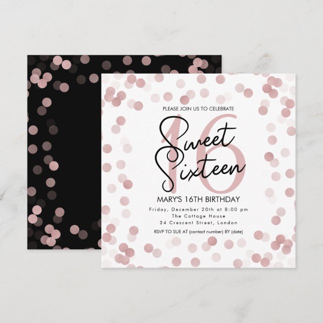Invitation MODERNE Sweet 16 Anniversaire Rose Gold Chic Parti (Devant / Derrière)