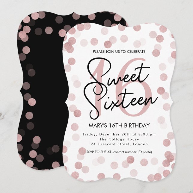 Invitation MODERNE Sweet 16 Anniversaire Rose Gold Chic Parti (Devant / Derrière)