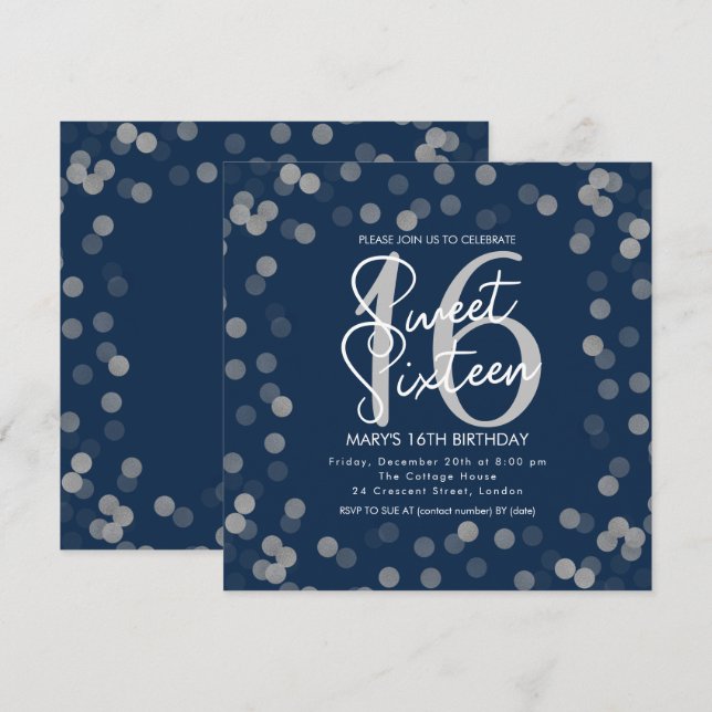 Invitation MODERNE Sweet 16 Anniversaire Silver Chic Parties  (Devant / Derrière)