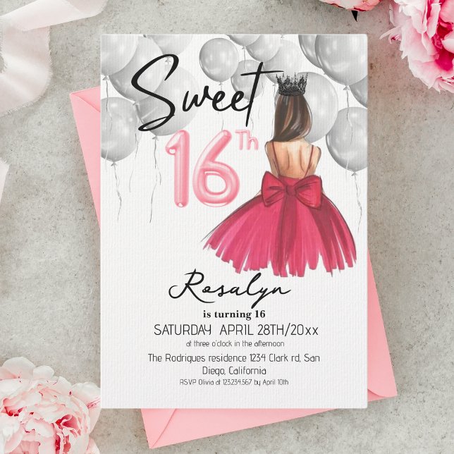 Invitation Moderne Sweet 16 Robe rose Couronne fête d'anniver (Créateur téléchargé)