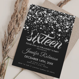 Invitation Moderne Sweet 16 Silver & Black Midnight Glam