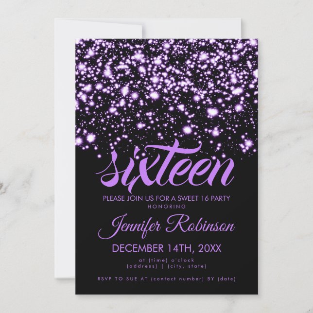 Invitation Moderne Sweet 16 Violet Glam de minuit (Devant)