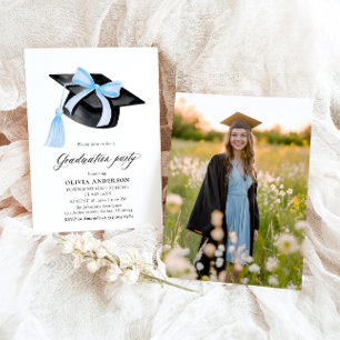 Invitation Moderne tendance Bleu Bow Graduation Cap Graduatio