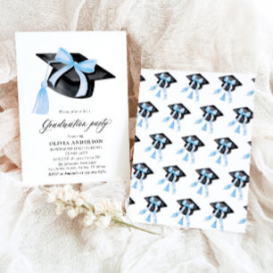 Invitation Moderne tendance Bleu Bow Graduation Cap Graduatio