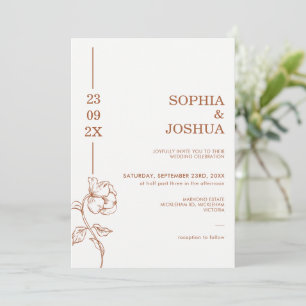 Invitation Moderne Terracotta Date Line Art Floral Mariage