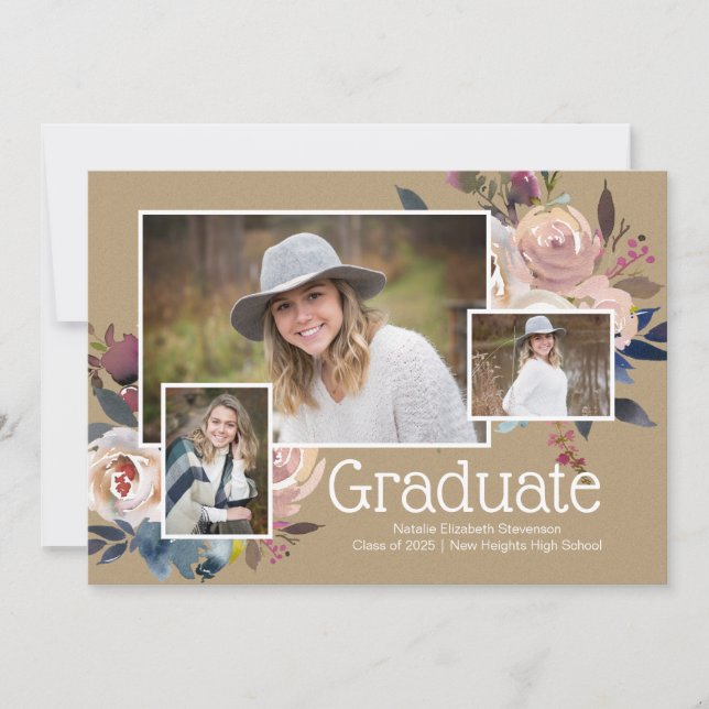 Invitation Moderne Trois Photo Floral Graduation Party (Devant)