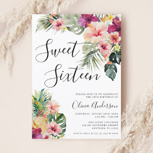 Invitation Moderne Tropical Floral Sweet 16 Blanc