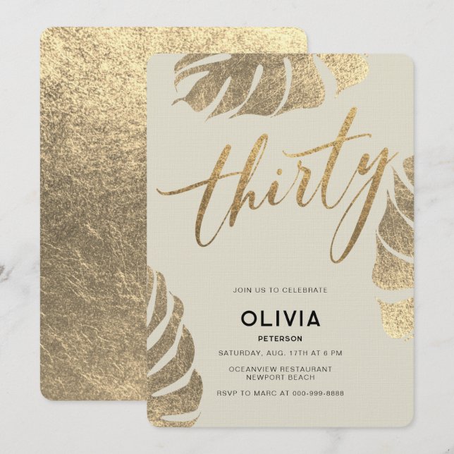 Invitation Moderne Tropical Gold Elegant Foliage 30e annivers (Devant / Derrière)