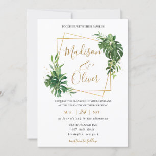 Invitation Moderne Tropical Greenery Gold Mariage géométrique