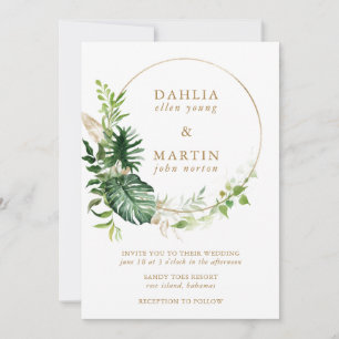 Invitation Moderne Tropical Greenery Gold Mariage géométrique