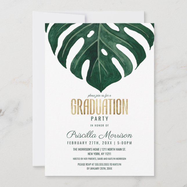 Invitation Moderne Tropical Suisse Fromage Leaf Gold Graduati (Devant)