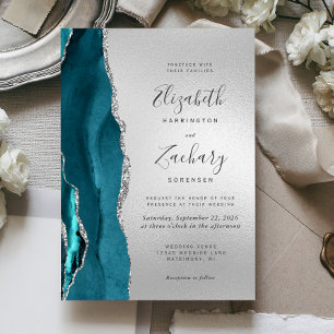 Invitation Moderne Turquoise Agate Mariage argent