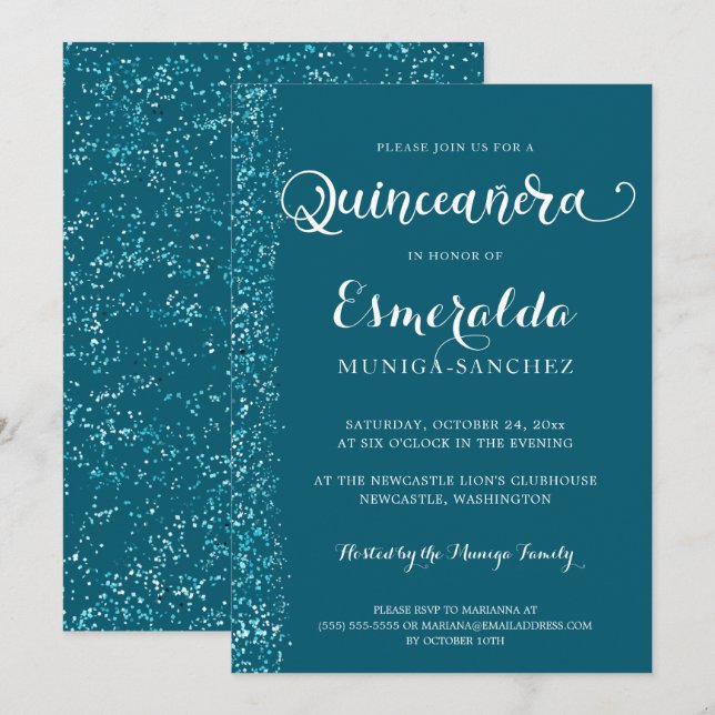 Invitation Moderne Turquoise Bleu Argent Éperche Quinceanera (Devant / Derrière)