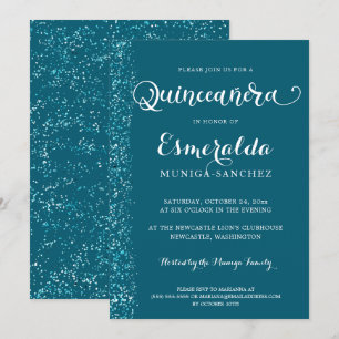 Invitation Moderne Turquoise Bleu Argent Éperche Quinceanera