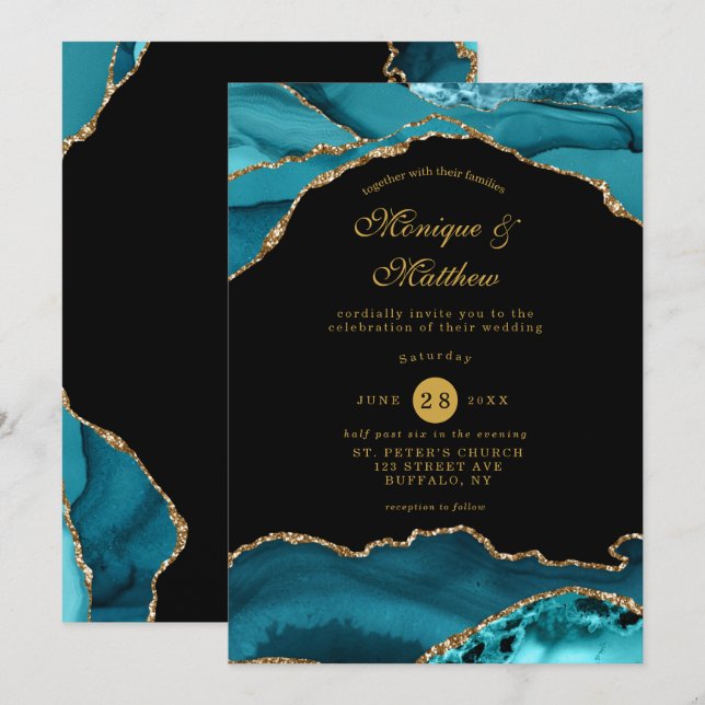 Invitation Moderne Turquoise et doré Agate Mariage en pierre (Devant / Derrière)