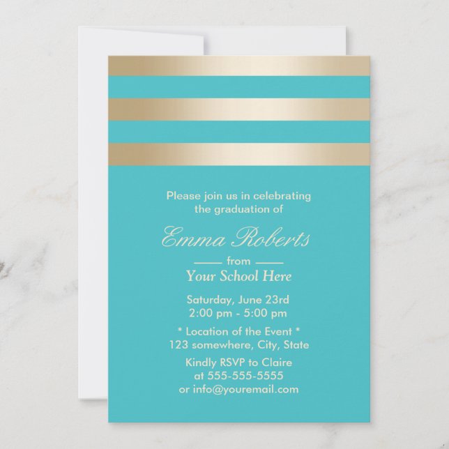 Invitation Moderne Turquoise Gold Stripes Graduation (Devant)