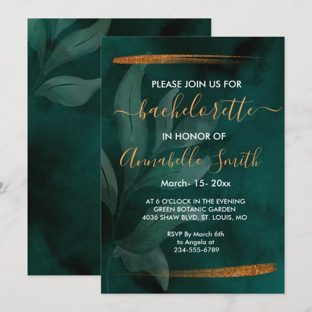 Invitation moderne vert émeraude et feuille célibataire (Devant / Derrière)