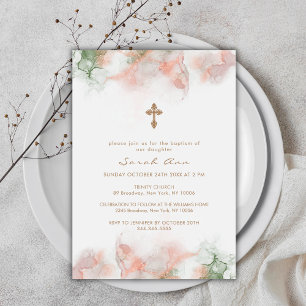 Invitation Moderne vert rose Boho Agate Gold Cross Baptême