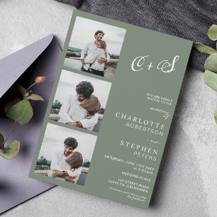 Invitation Moderne vert sauge casual initiales photo mariage