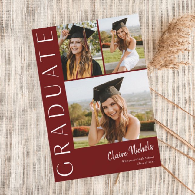 Invitation Moderne Vertical 3 Photo Collage Graduation (Maroon and White Modern Typography 3 Photo Graduation Invitations.)