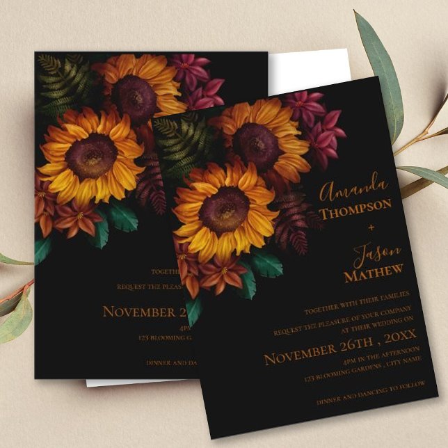 Invitation Moderne Vibrant Noir Brûlé Orange Floral Mariage (Modern Vibrant Black Burnt Orange Floral Wedding Invitation)