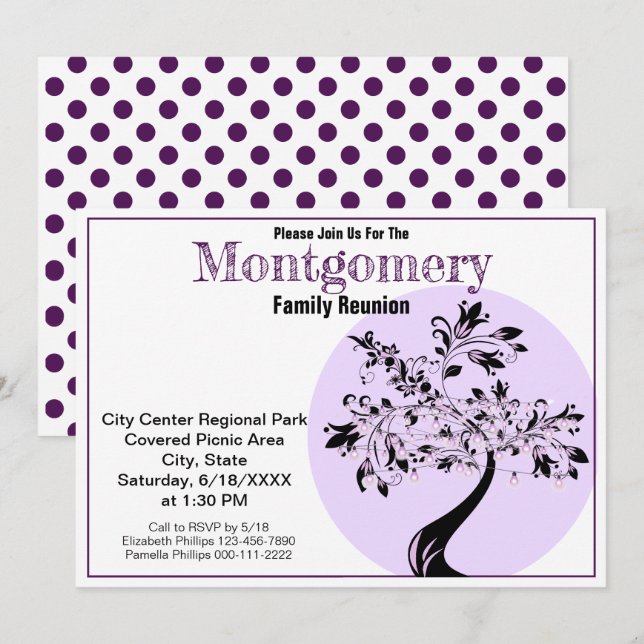 Invitation Moderne Violet et Arbre Noir Réunion familiale (Devant / Derrière)