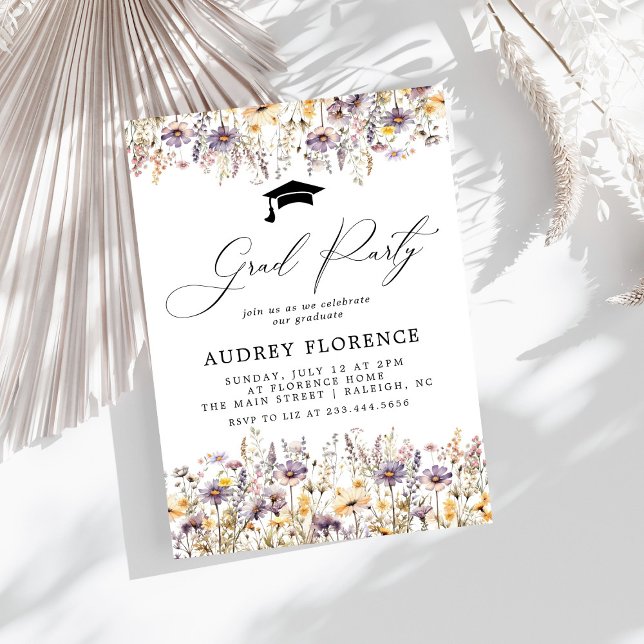 Invitation Moderne violet Fleur sauvage Floral Grad Party (Créateur téléchargé)
